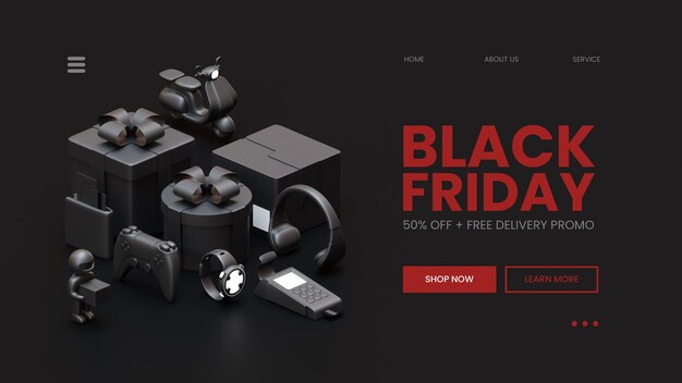 Black friday-webseitenvorlage mit allen schwarzen 3d-rendering-zusammensetzungen