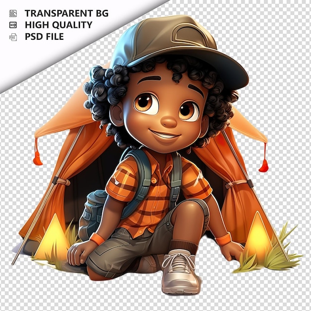 PSD black kid camping 3d estilo de desenho animado isola de fundo branco