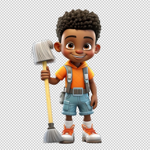 Black Kid Cleaning 3D in stile cartone animato con sfondo trasparente isolato