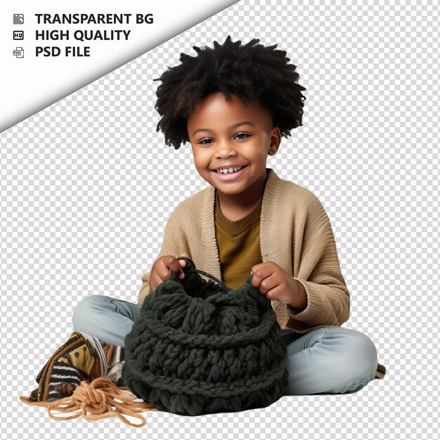 PSD black kid knitting ultra realista estilo fundo branco