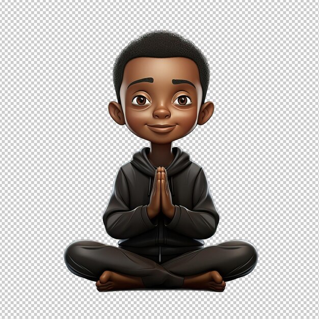 Black Kid Meditating 3D Cartoon Style sullo sfondo trasparente è