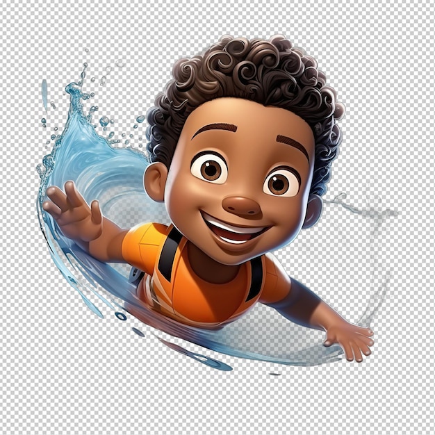 PSD black kid nadando 3d estilo de desenho animado isolamento de fundo transparente