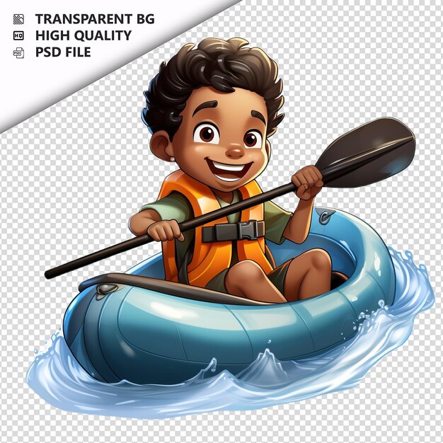 PSD black kid paddling 3d cartoon-stil mit weißem hintergrund