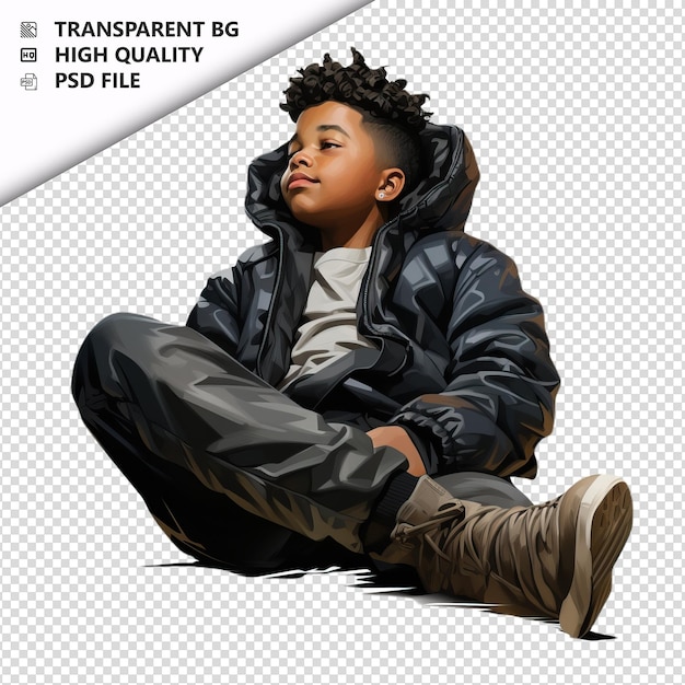 PSD black kid relaxing ultra-realistischer stil mit weißem hintergrund
