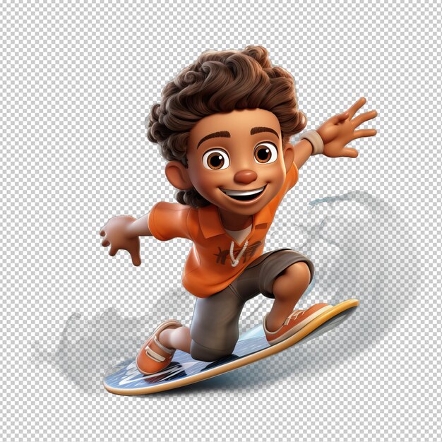 Black kid surfing 3d estilo de desenho animado isola de fundo transparente