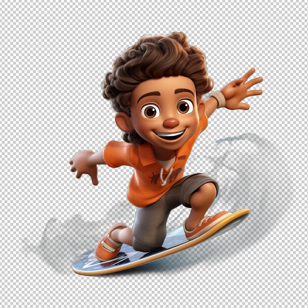 PSD black kid surfing 3d estilo de dibujos animados fondo transparente aislado