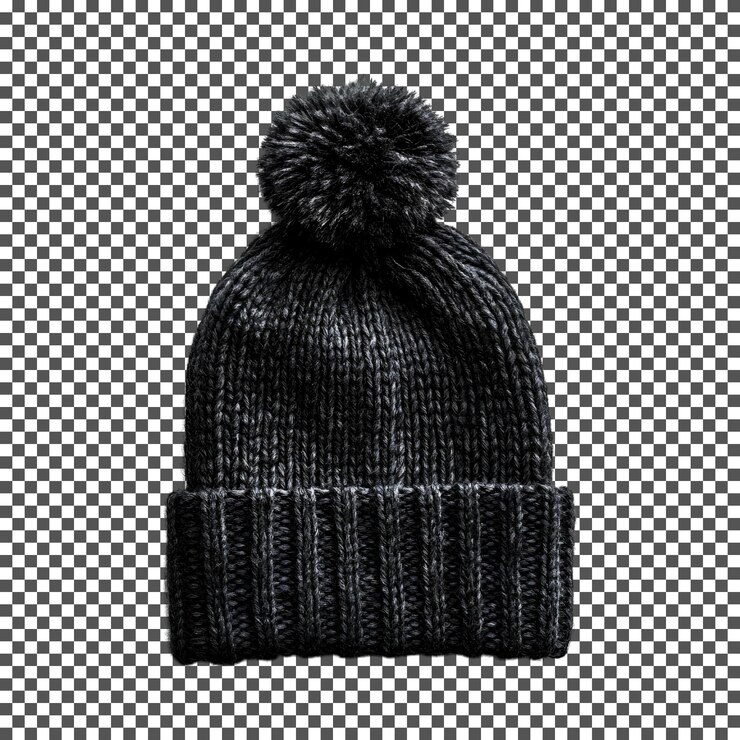 PSD black knit pom pom beanie aislado sobre un fondo transparente
