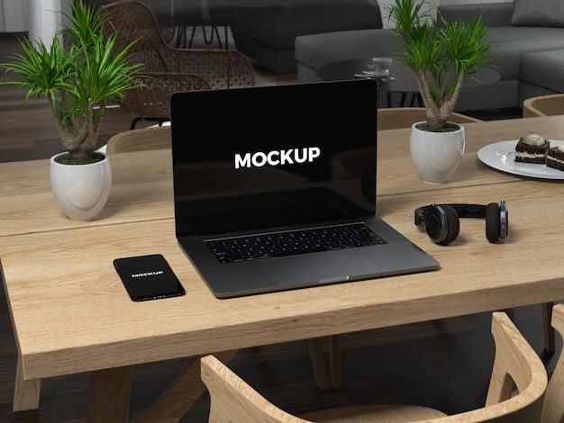 Black Laptop auf Holztisch Mock up