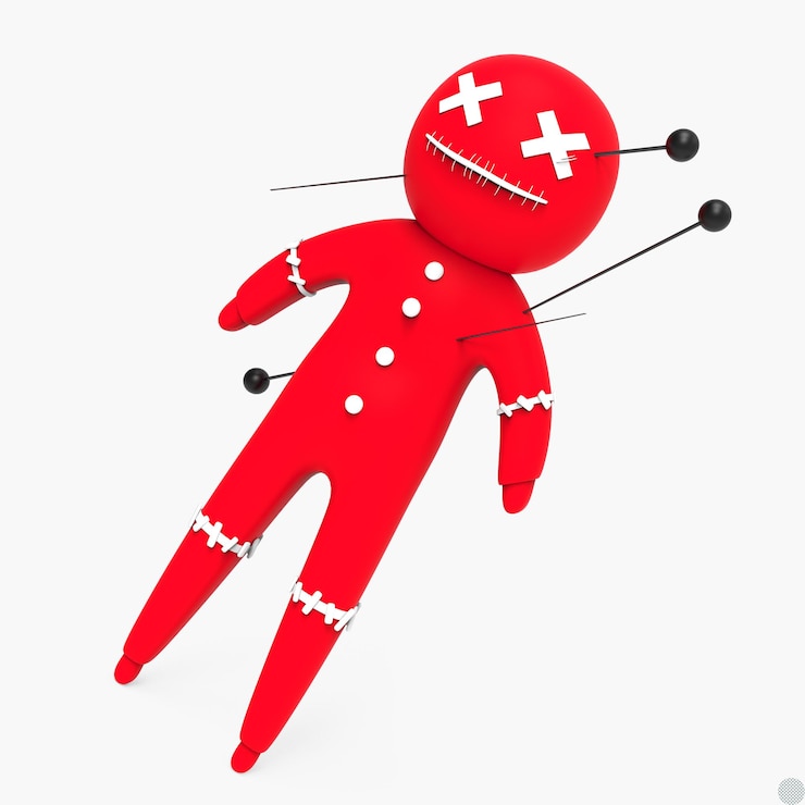 PSD black magic voodoo doll with pins 3d render illustration for halloween decoration