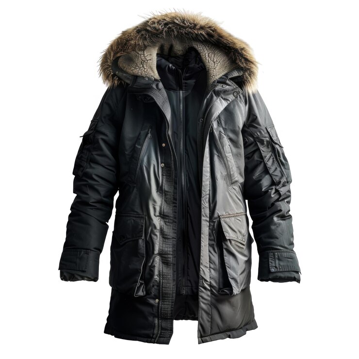 PSD black parka with furtrimmed hood