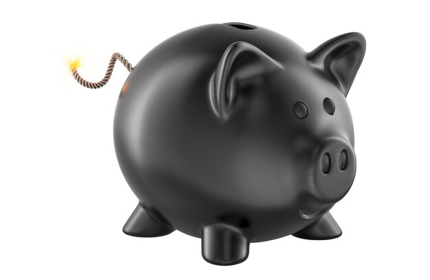 black piggy bank as bomb with burning fuse 3d rendering isolated on transparent background