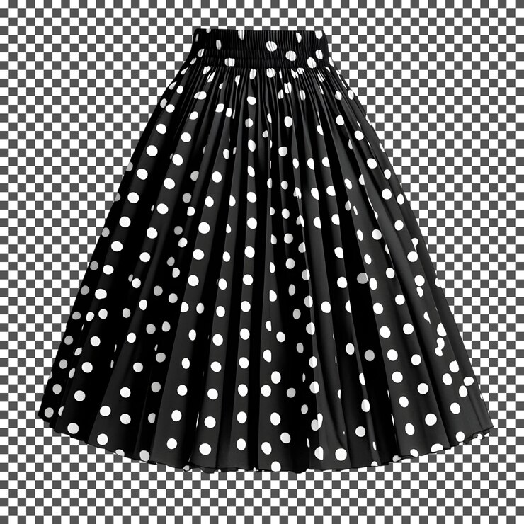 PSD black polka dot pleated skirt retro style isolated on transparent background