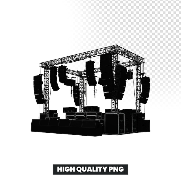 Black silhouette of a concert stage with sound equipment and lighting