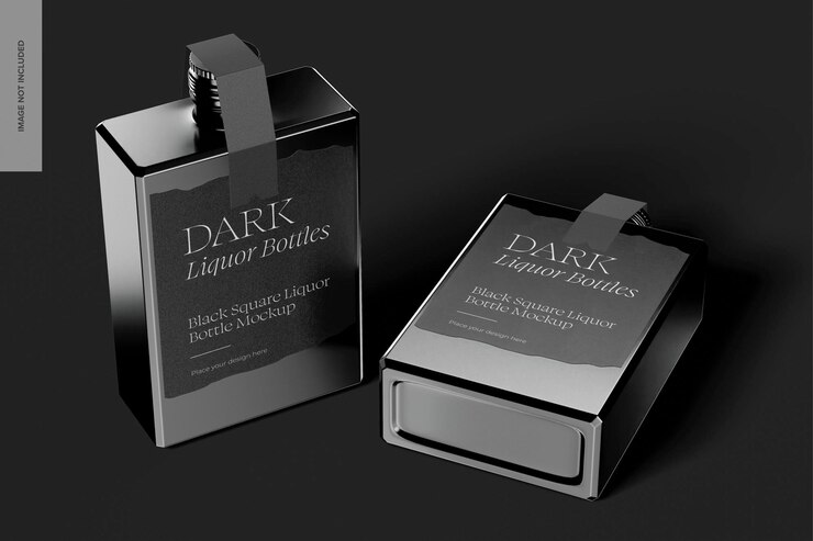 PSD black square liquor bottles mockup, standing and dropped