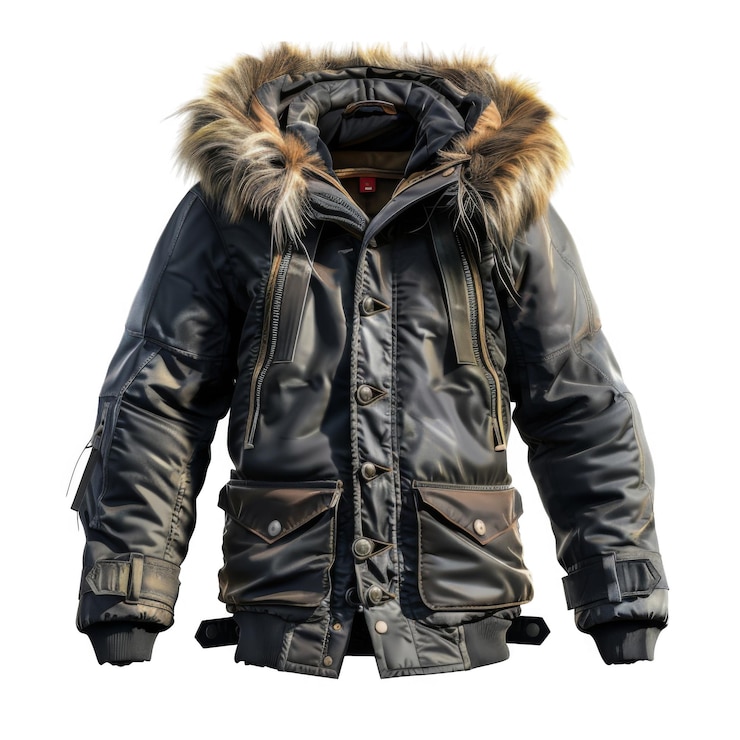 PSD black winter parka with fur trimmed hood