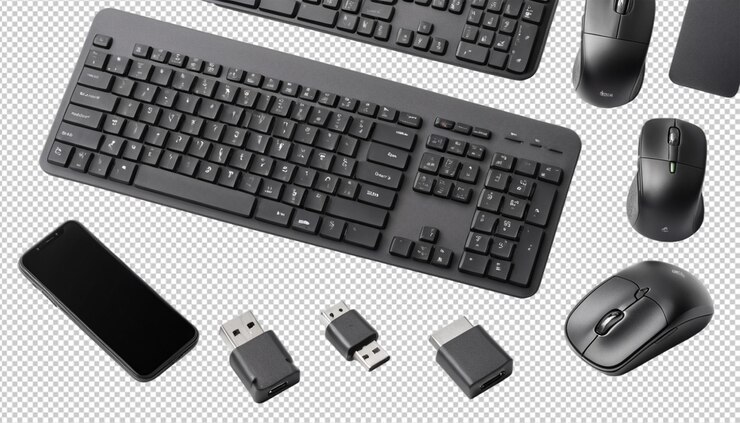 PSD black wireless keyboard mouse phone and adapters png
