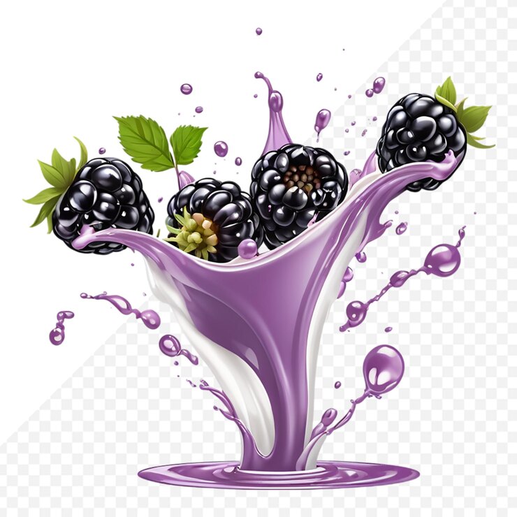 PSD blackberries milk liquid splash floating transparent background