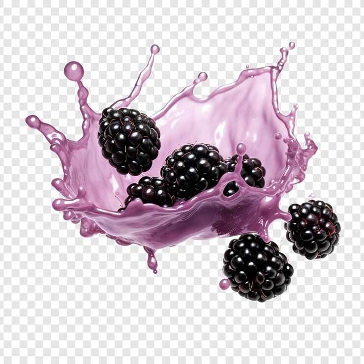 PSD blackberries milk splash floating isolated on transparent background