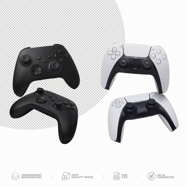 PSD blanco y negro dos joystick gamepad en fondo transparente