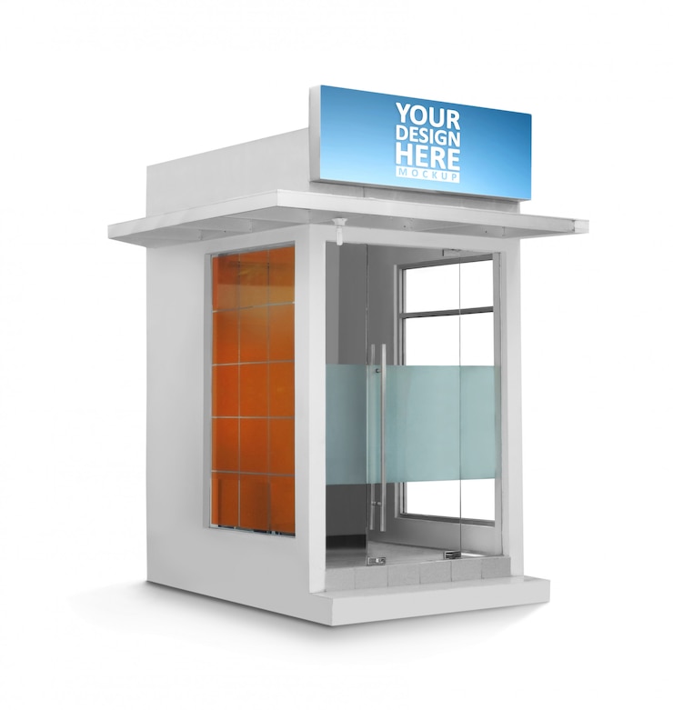 PSD blank atm booth over white background mockup