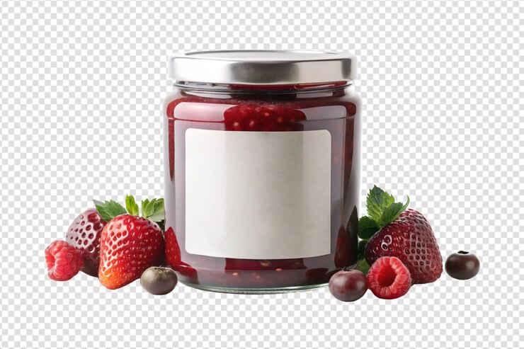 PSD blank glass jar with white label and berry jam mockup png