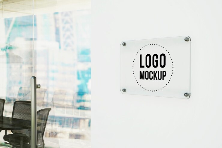 PSD blank glass name plate at office 3d rendering