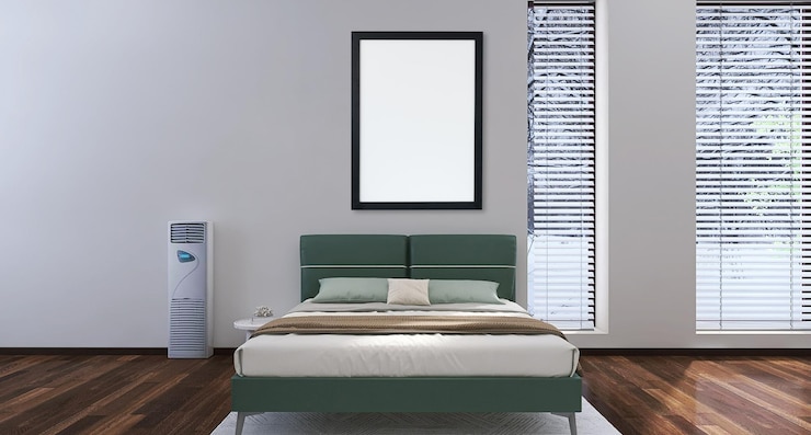 PSD blank photo frame mockup in modern bedroom interior design with windows curtains bed white wall