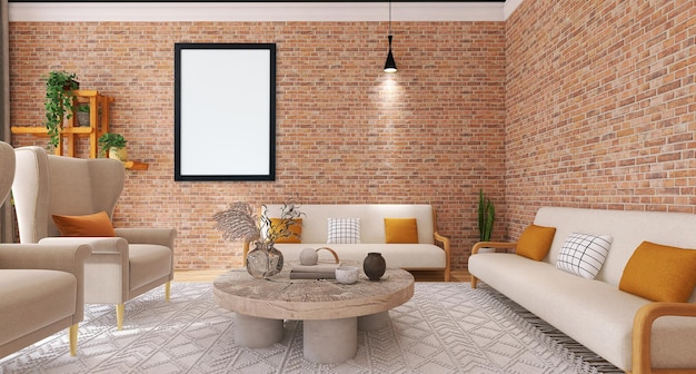 Blank photo frame mockup in modern living room interior design with sofa, table, red bricks texture