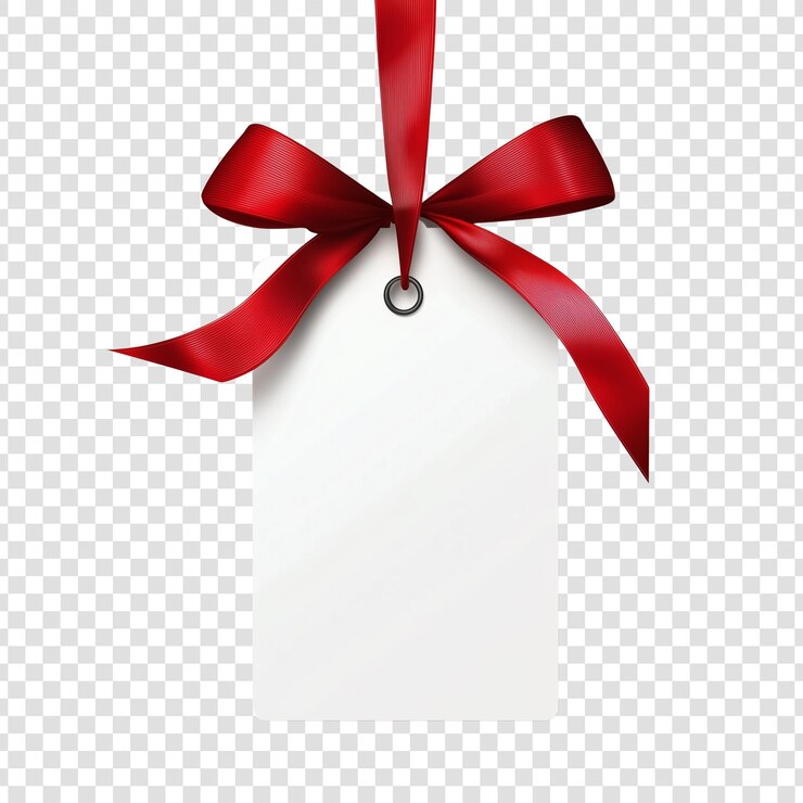 Blank white tag hangs with a vibrant red ribbon against transparency