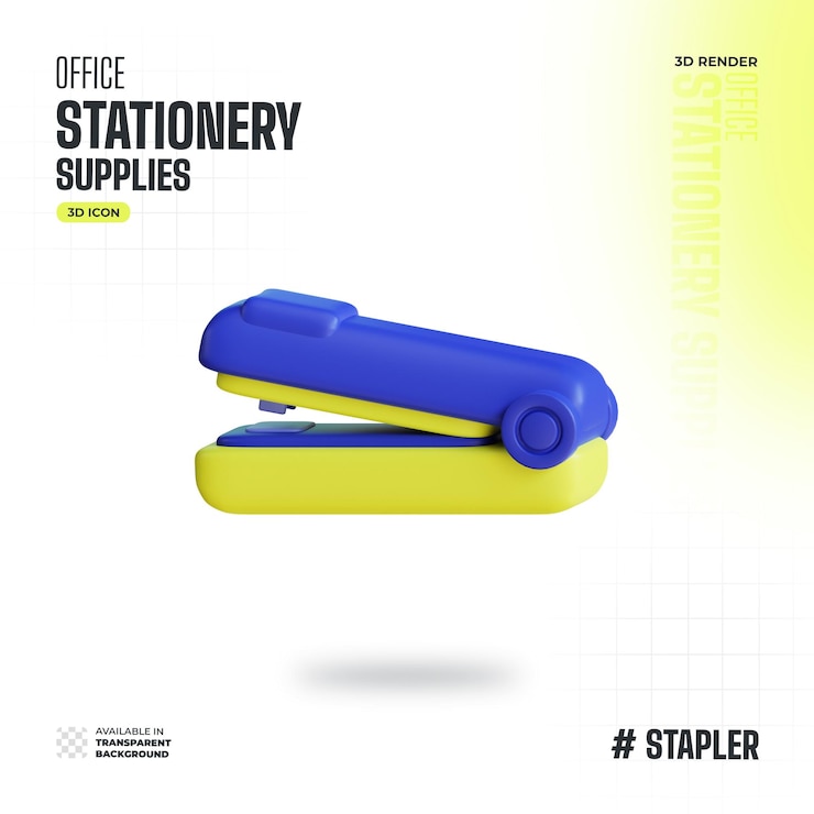 PSD blau-gelbes stapler-symbol 3d-rendering von schreibwaren, bürowerkzeugen