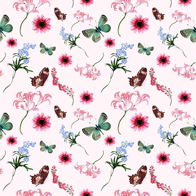 Blau-rosa Blume Edelsteine Muster Aquarell Handgezeichnetes Gemälde