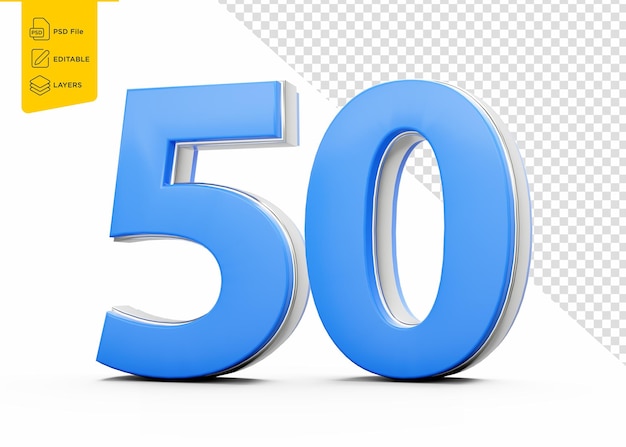 Blaue 50-stellige Zahl mit schlankem metallischem Glanz auf weißem Hintergrund 3D-Illustration