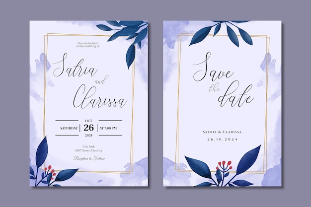 Blaue Aquarell-Hochzeitseinladungskarte