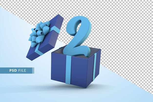 Blaue Geschenkbox und blaue Nummer 2 ein glückliches Geburtstagsfeierkonzept 3D-Rendering