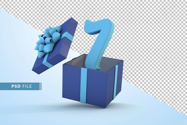 Blaue Geschenkbox und blaue Nummer 7 ein glückliches Geburtstagsfeierkonzept 3D-Rendering