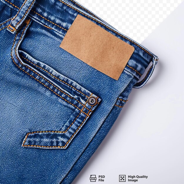 PSD blaue jeans und braunes etikett auf weißem, isoliertem hintergrund