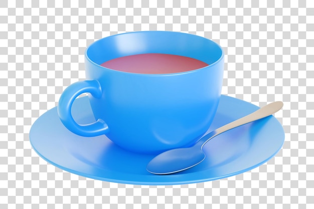 Blaue Kaffeetasse, Untertasse und Löffel isoliert auf weißem Hintergrund, 3D-Render-Illustration