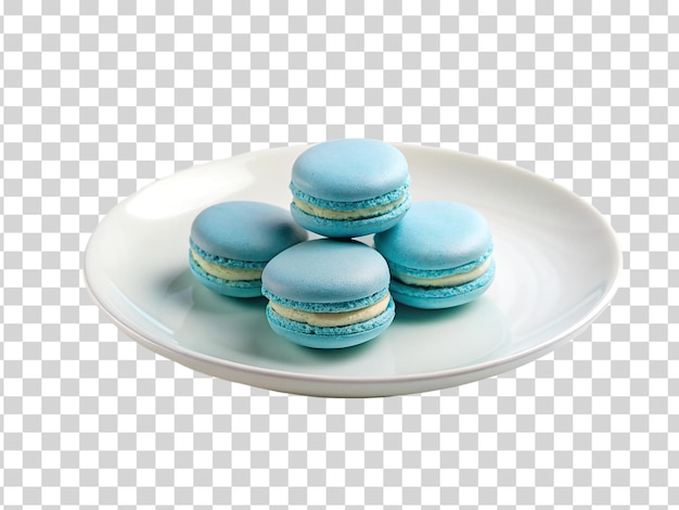 PSD blaue macarons auf weißer platte, isoliert auf durchsichtigem hintergrund