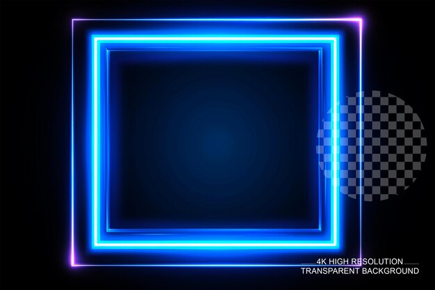 Blaue quadratische neonschilder auf durchsichtigem hintergrund