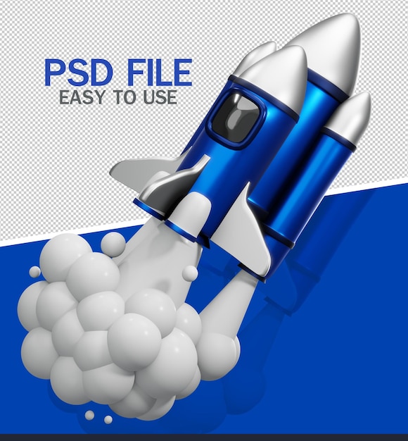 PSD blaue rakete mit rauch 3d-rendering