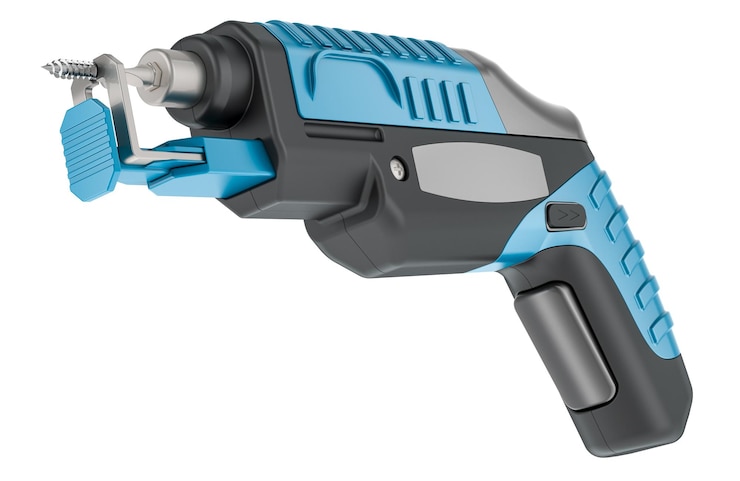 PSD blaue schnurlose elektrische schraubdreher-schraubpistole 3d-rendering isoliert auf durchsichtigem hintergrund