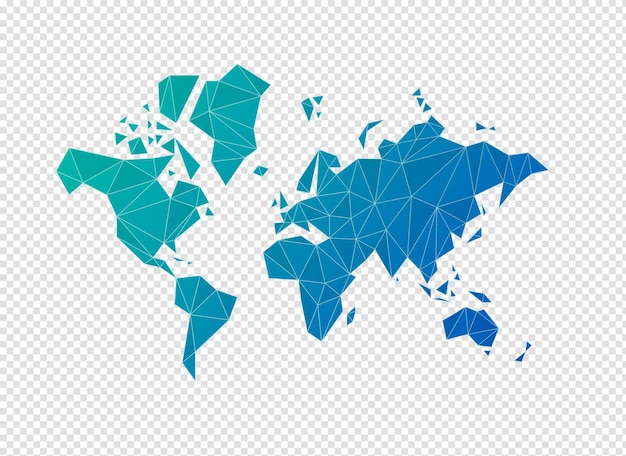 Blaue Weltkartenform aus Polygonen 3D-Darstellung auf transparentem Hintergrund