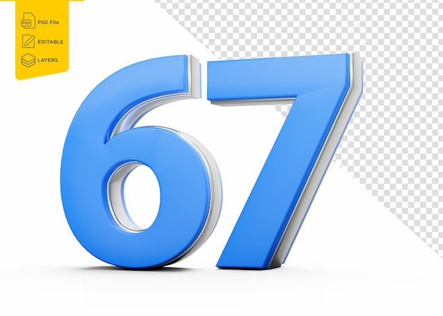 Blaue Ziffer 67 Zahl mit schlankem metallischem Glanz auf weißem Hintergrund 3D-Illustration