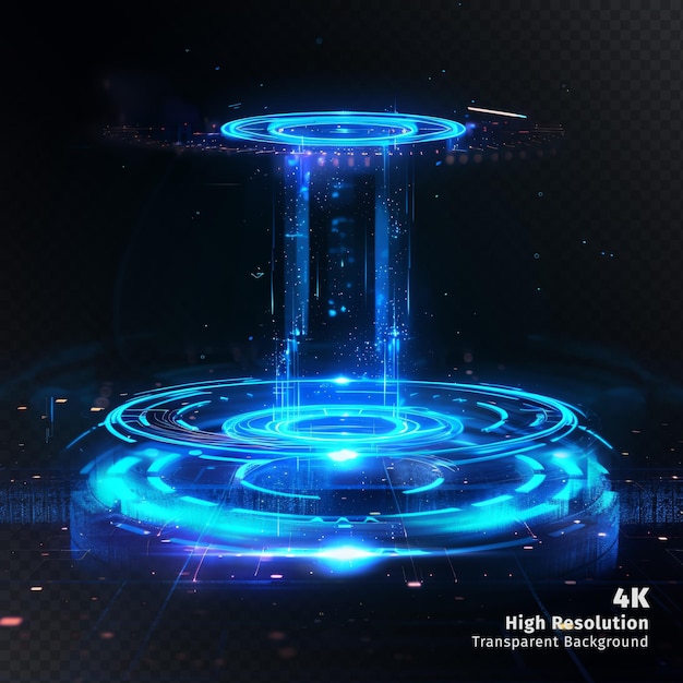Blauer digitaler Teleport mit Teilchen und hologrammen digitalen Ringen im dunklen Hintergrund