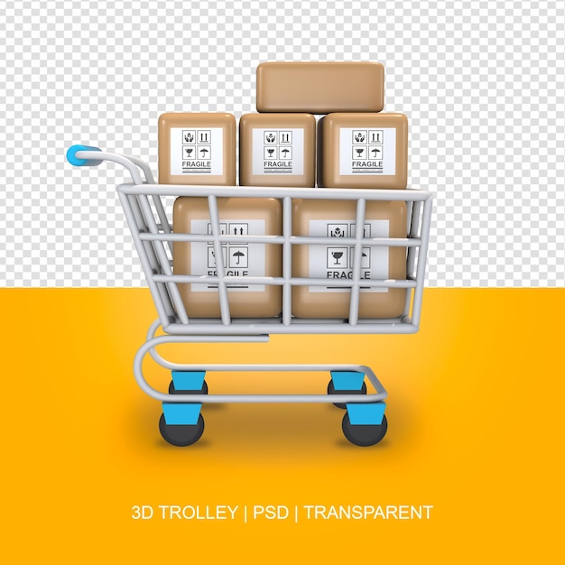 Blauer Einkaufswagen mit Boxen 3D transparent kein Hintergrund