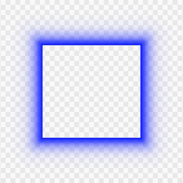 Blauer neonfarbener quadratischer Rahmen, isoliert auf durchsichtigem Hintergrund mit leuchtender Grenze zur Dekoration