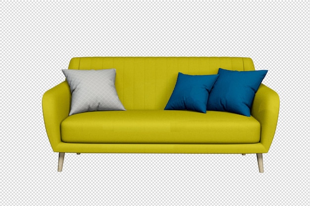 Blaues Sofa im Wohnzimmer in 3D-Rendering isoliert