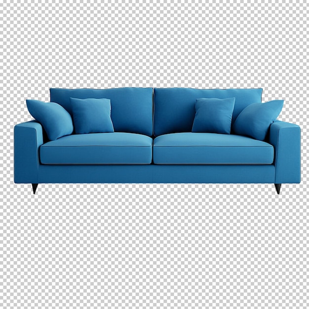 Blaues Sofa mit Kissen flauschig-blaues Sofa isoliert auf durchsichtigem Hintergrund