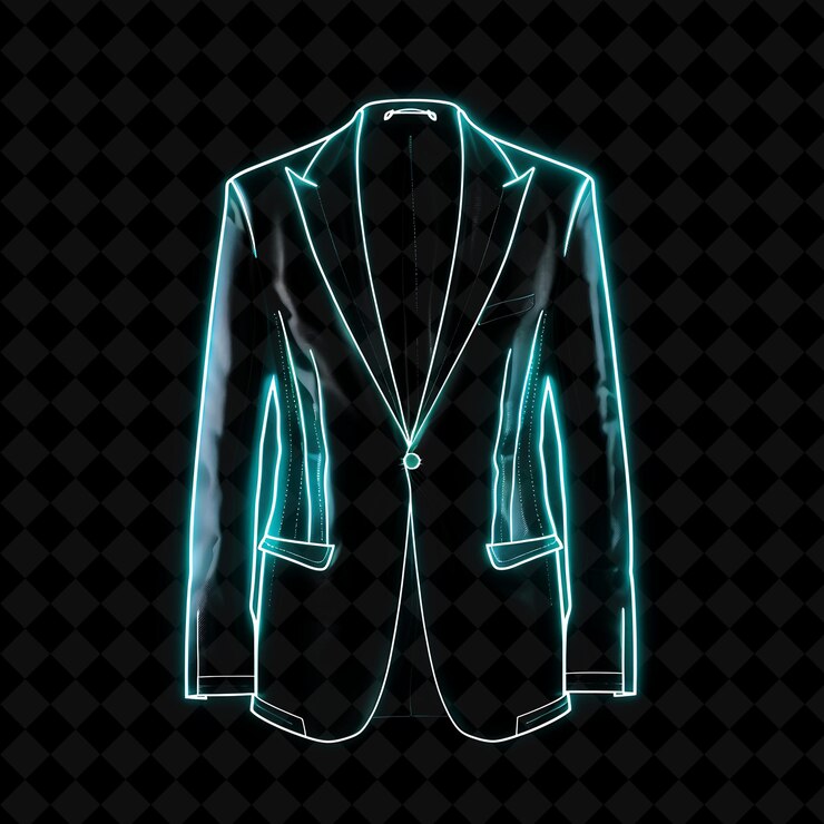 PSD blazer elegante con una solapa dentada y un ajuste a medida hecho con un objeto de neón sobre un fondo oscuro