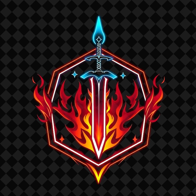 blazing neon inside a hexagonal badge with a flaming sword silhouette and fiery border inside are